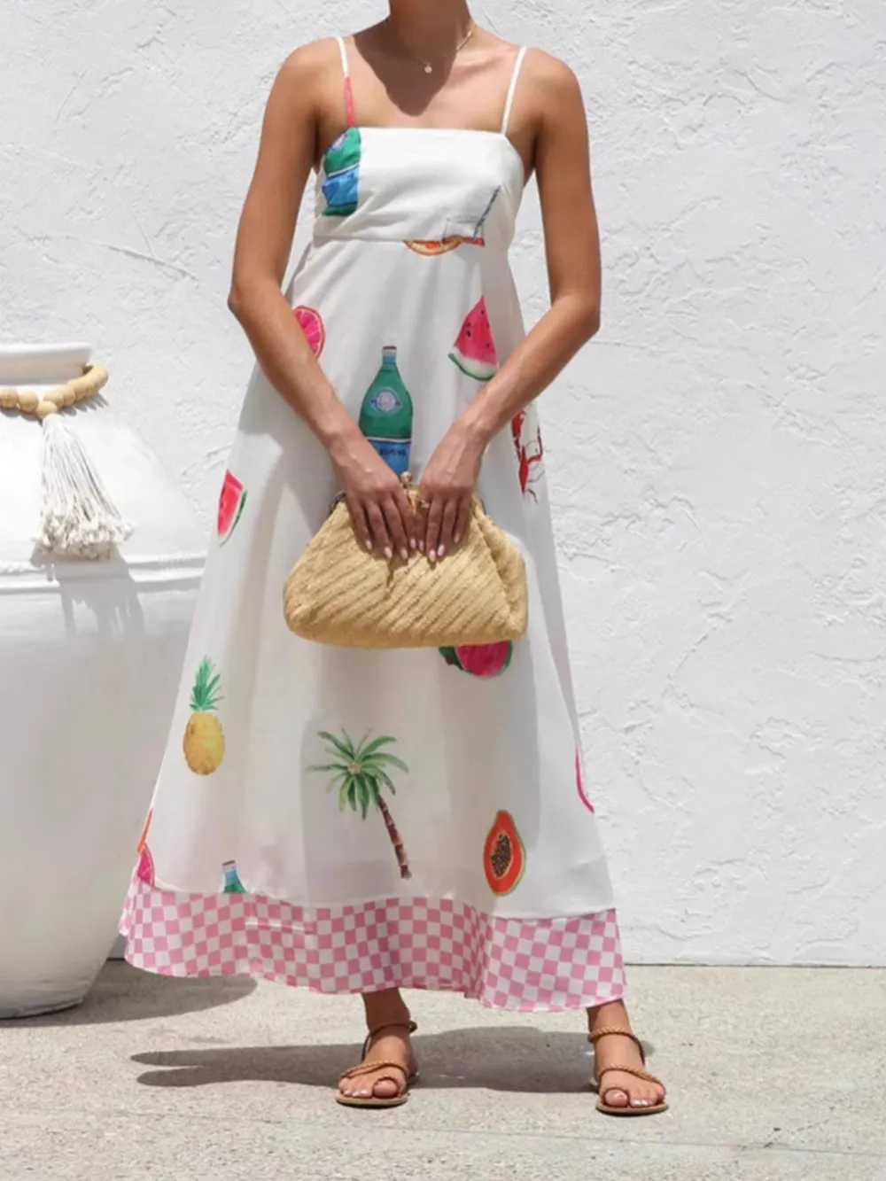Printed Checkered Hem Cami Midi Dress, image 4