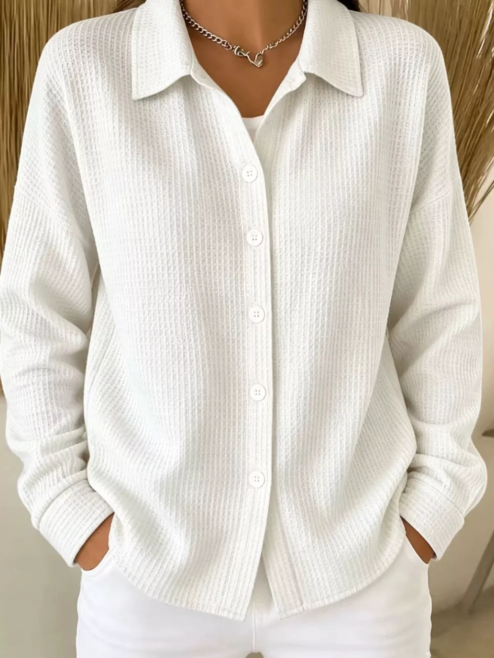 Waffle Knit Button-Down Shirt, image 3