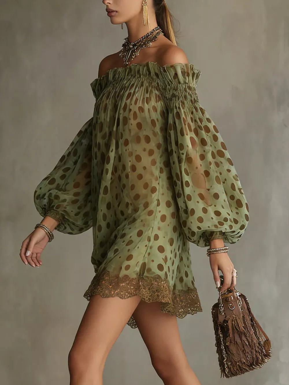 Off-Shoulder Polka Dot Sheer Mini Dress, image 3
