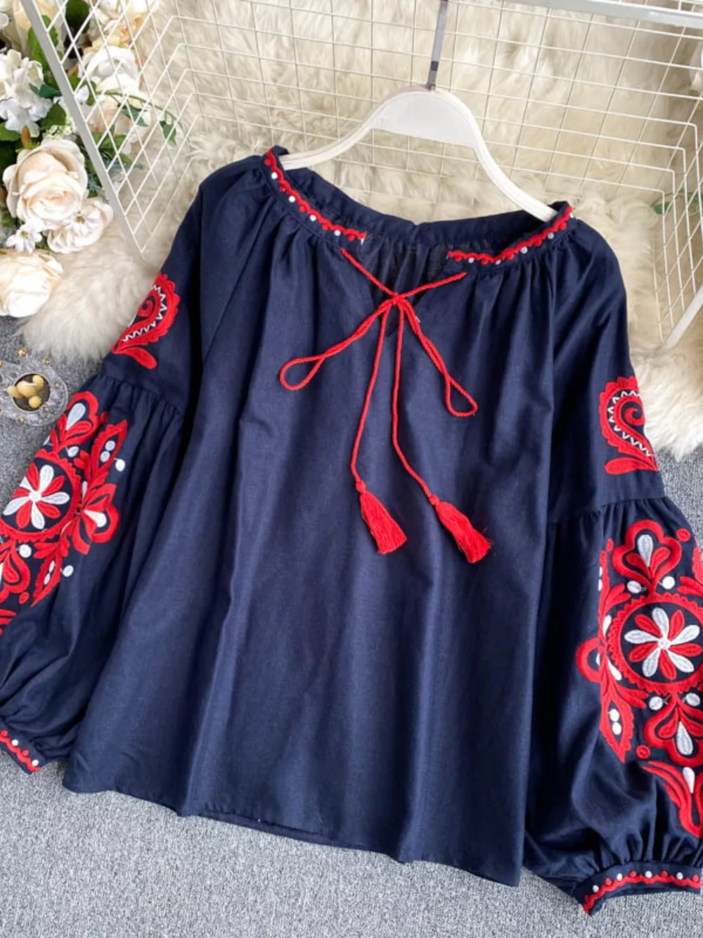 Embroidered Tassel Tie Neck Blouse, image 2