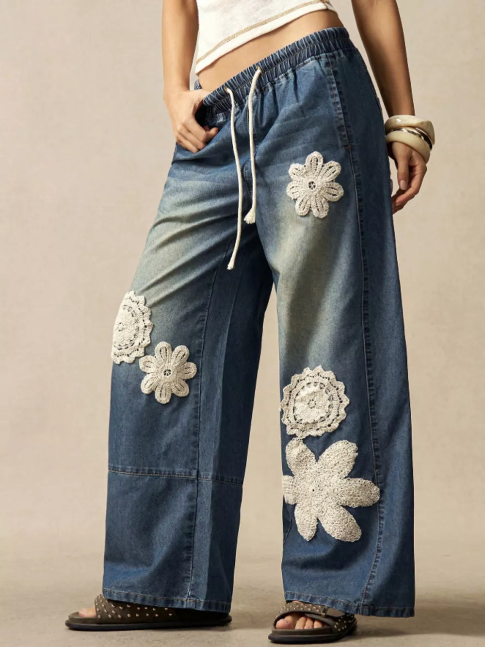 Wide-Leg Drawstring Jeans, image 2