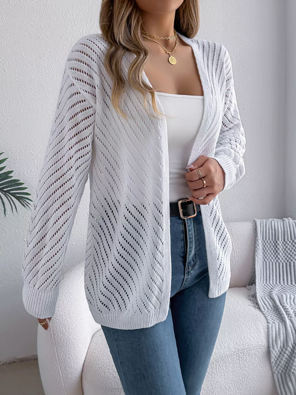 Openwork Open-Front Long Sleeve Cardigan, image 4