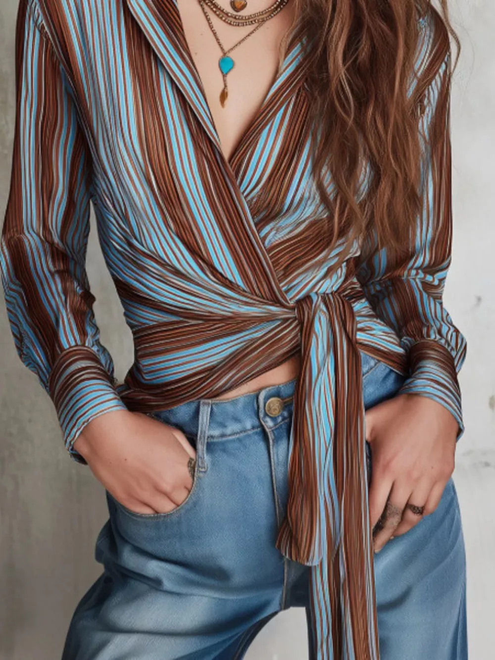 Striped Wrap Shirt with Tie-Front Detail, image 2