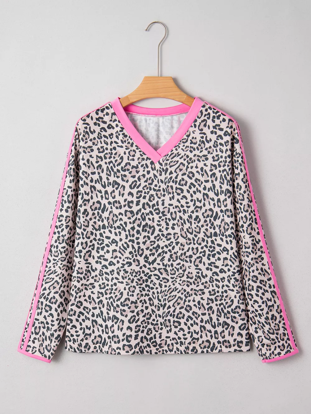 Leopard Print Contrast V Neck Varsity Stripe Detail Long Sleeve Top, image 3