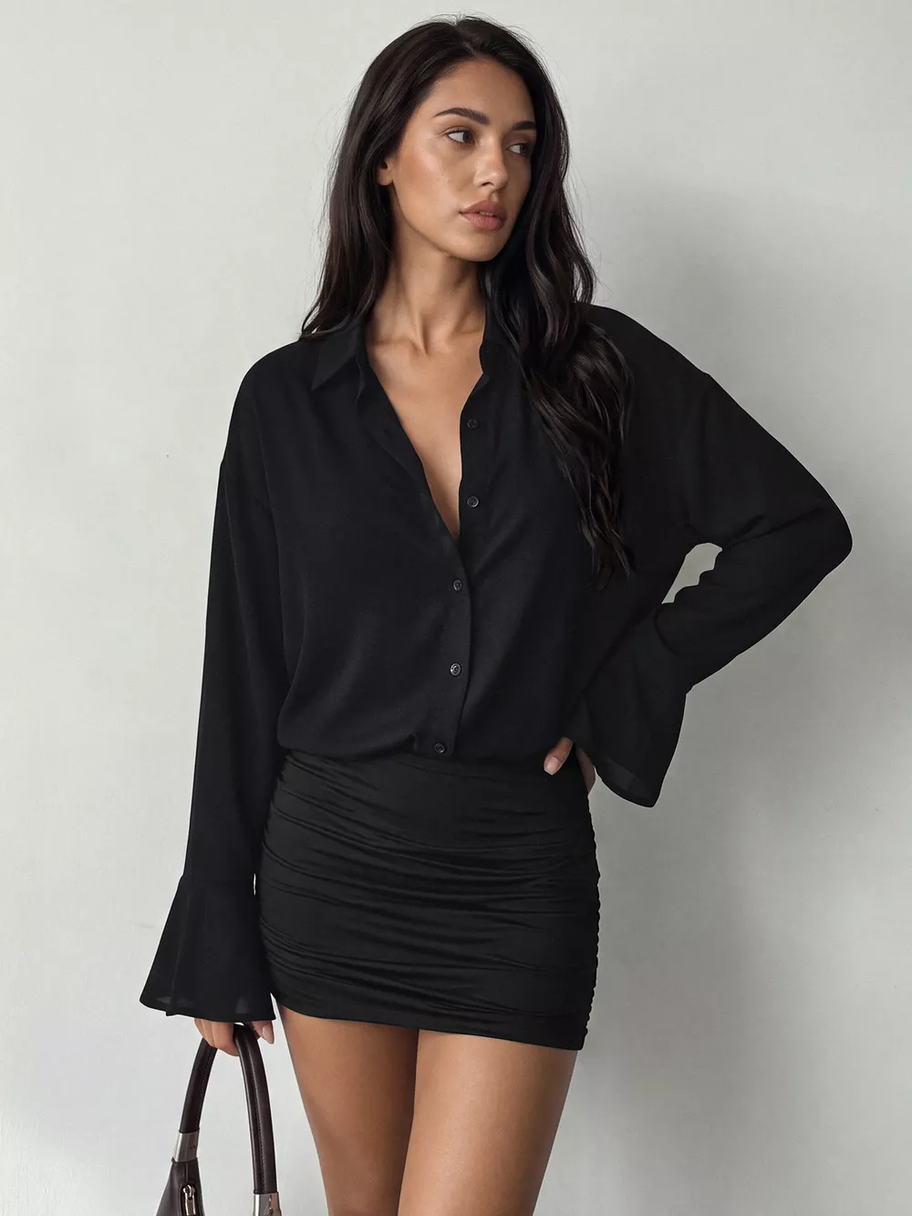 Button Front Flounce Sleeve Bodycon Shirt Dress