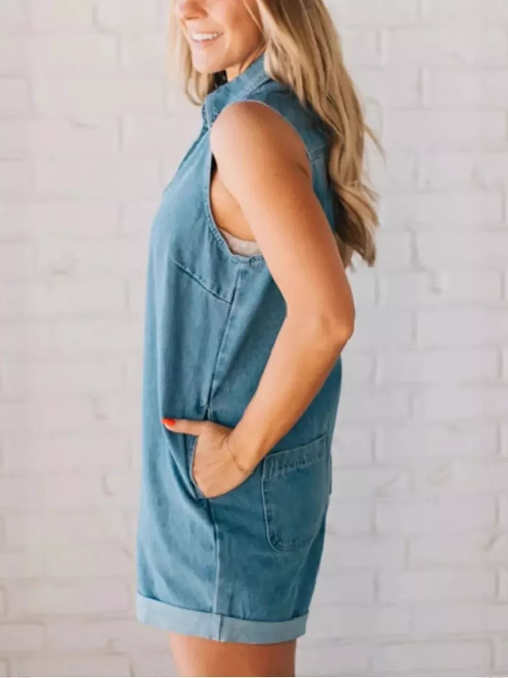 Sleeveless Zip-Up Denim Romper, image 2