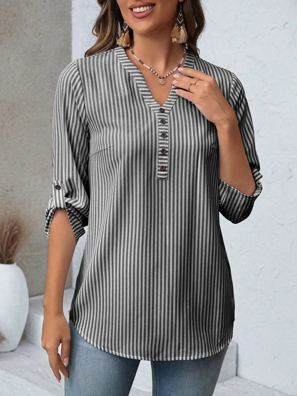 Striped V-Neck Roll-Up Sleeve Blouse, image 10