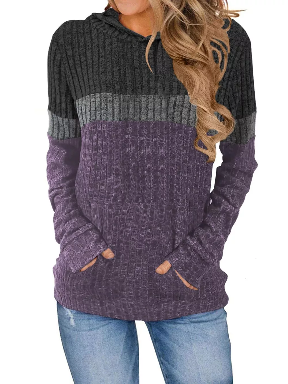 Full Size Color Block Ribbed Knit Hoodie Plus Size, image 5
