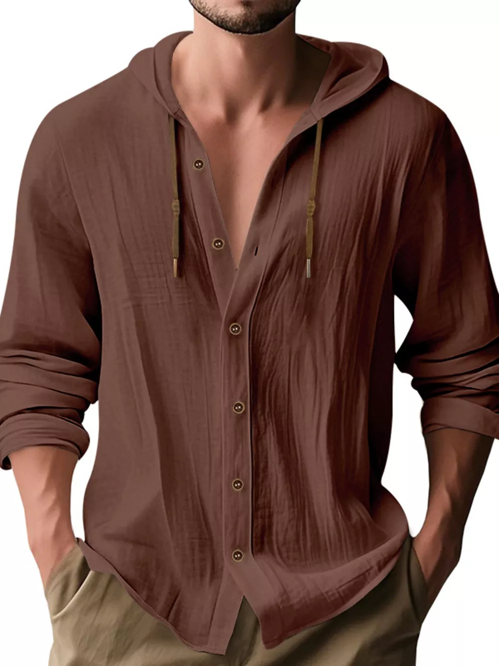 Men's Full Size Drawstring Button Up Hooded Shirt Plus Size, image 8