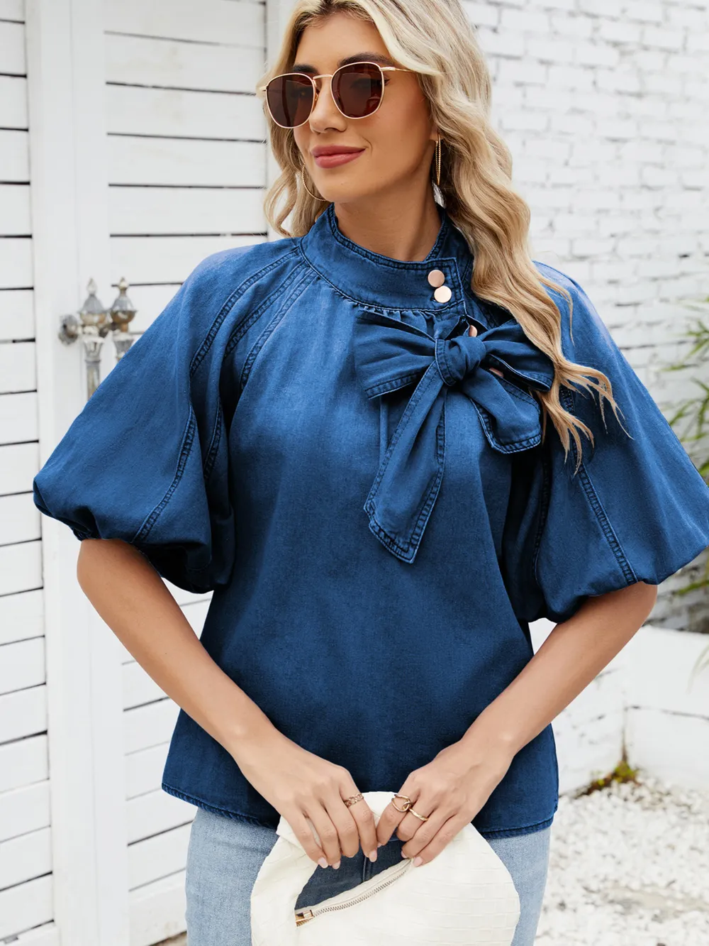 Denim Bow Tie Puff Sleeve Top, image 3
