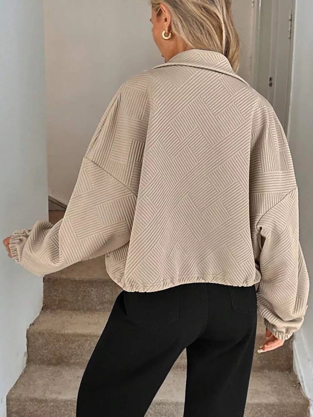 Drawstring Hem Textured Long Sleeve Jacket, image 12