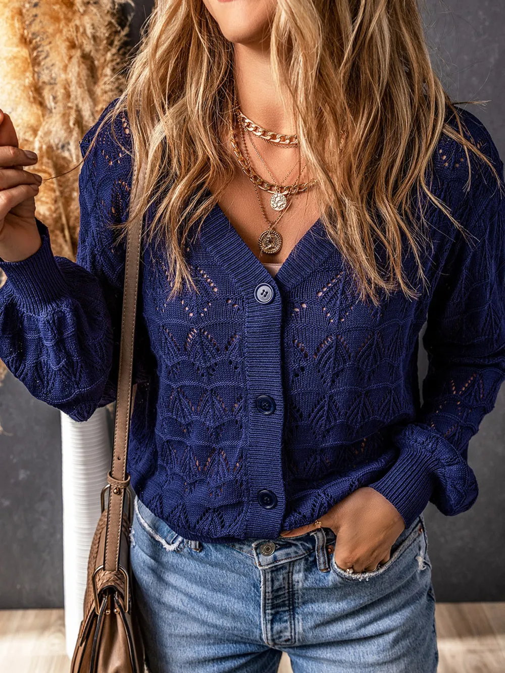 Buttoned Front Openwork Cardigan, image 14