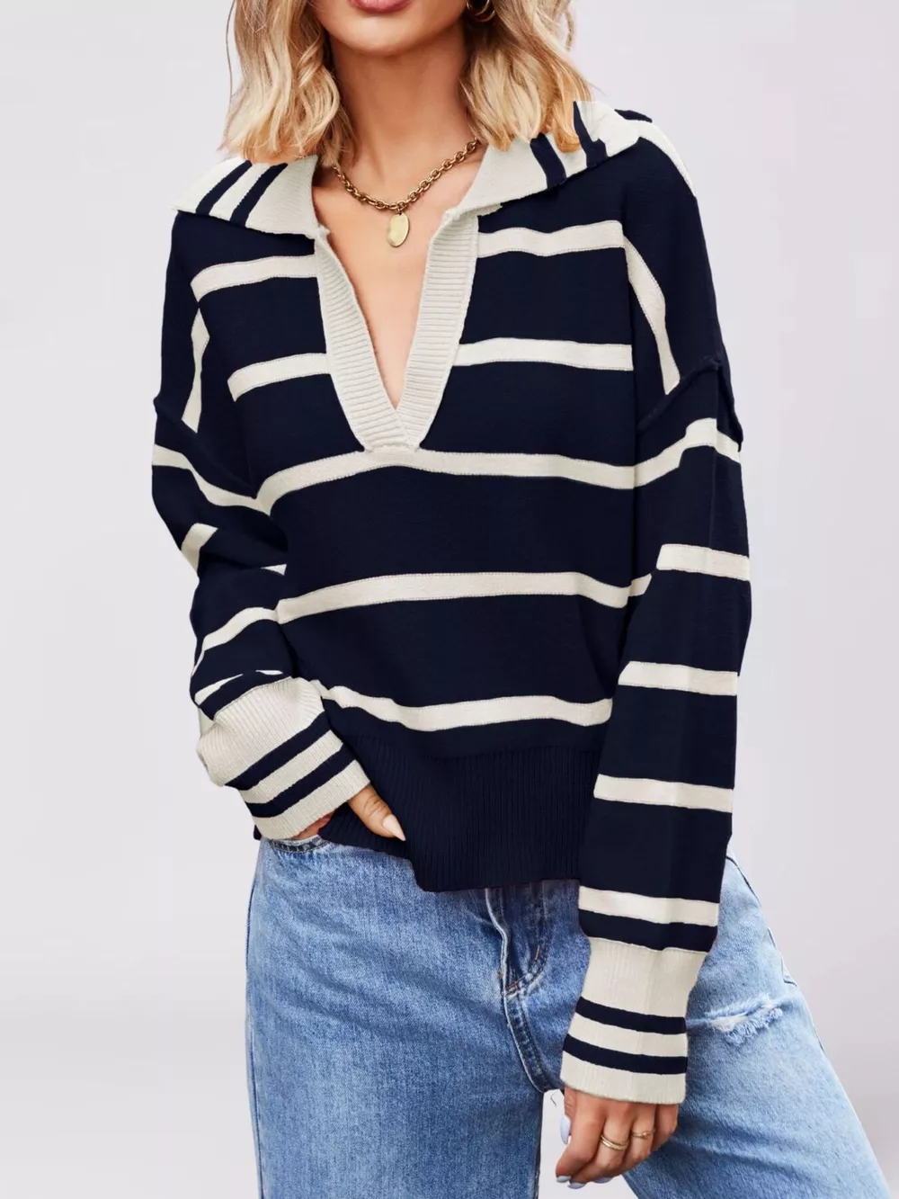 Striped Johnny Collar Dropped Shoulder Sweater