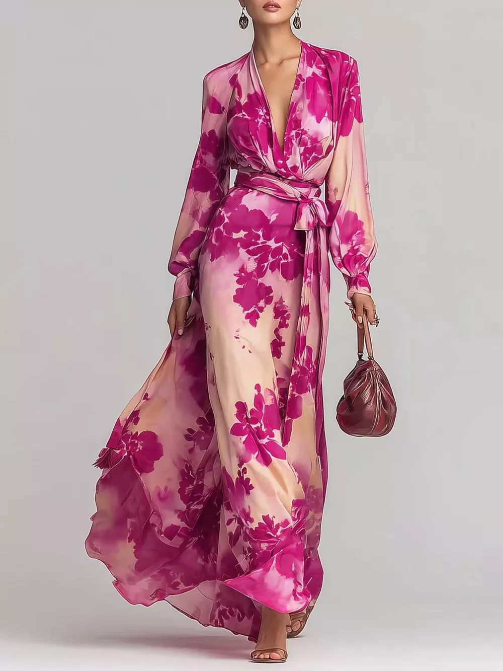 Floral Print Maxi Dress with Waist-Tie Detail