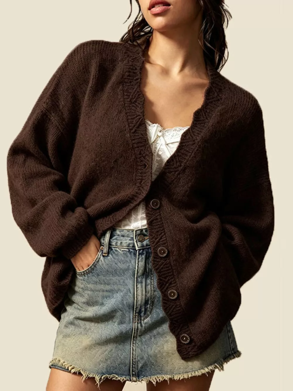 V-Neck Button-Down Knit Cardigan, image 5