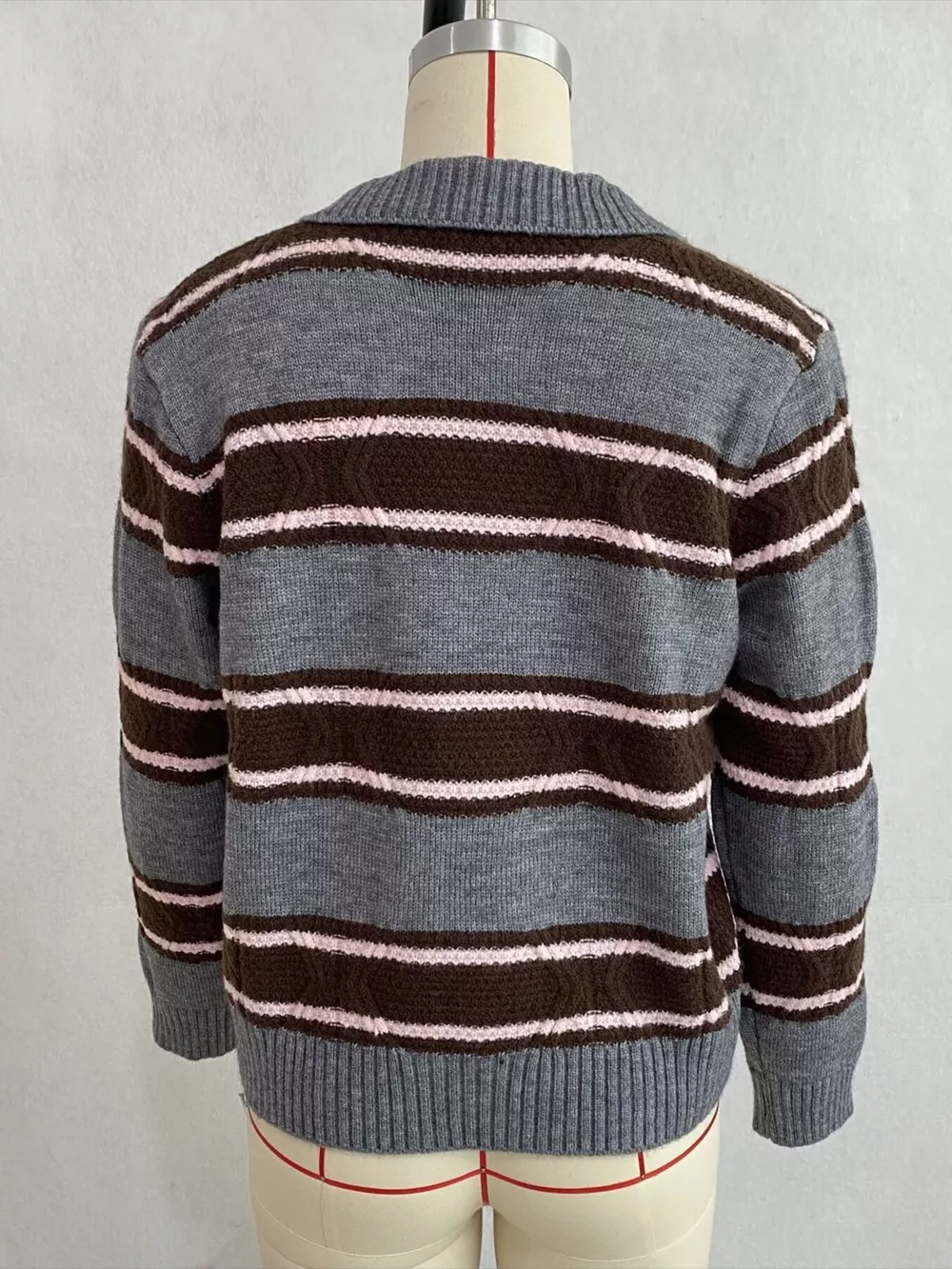 Vintage-Inspired Striped Knit Cardigan with Polo Collar, image 21