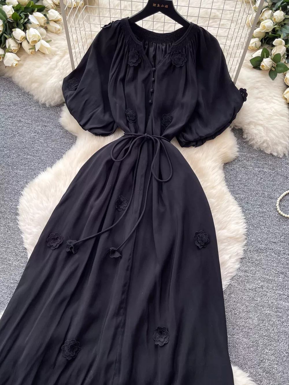 Floral Decor Tie Waist Puff Sleeve Dress, image 11