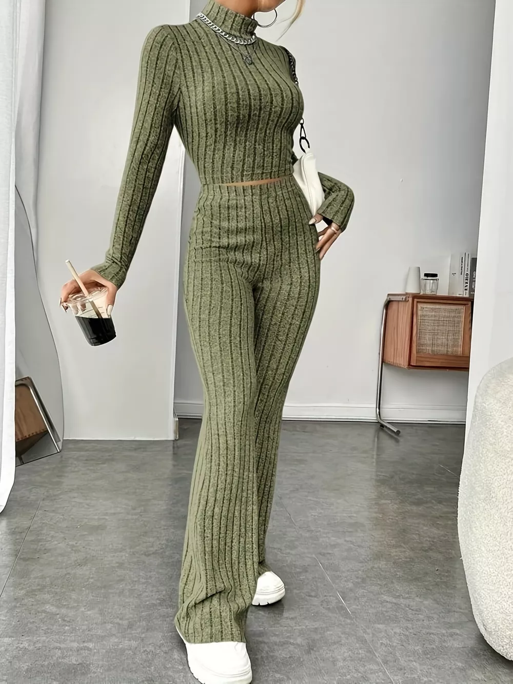 Ribbed Turtleneck Crop Top and Flare Pants Sweater Set