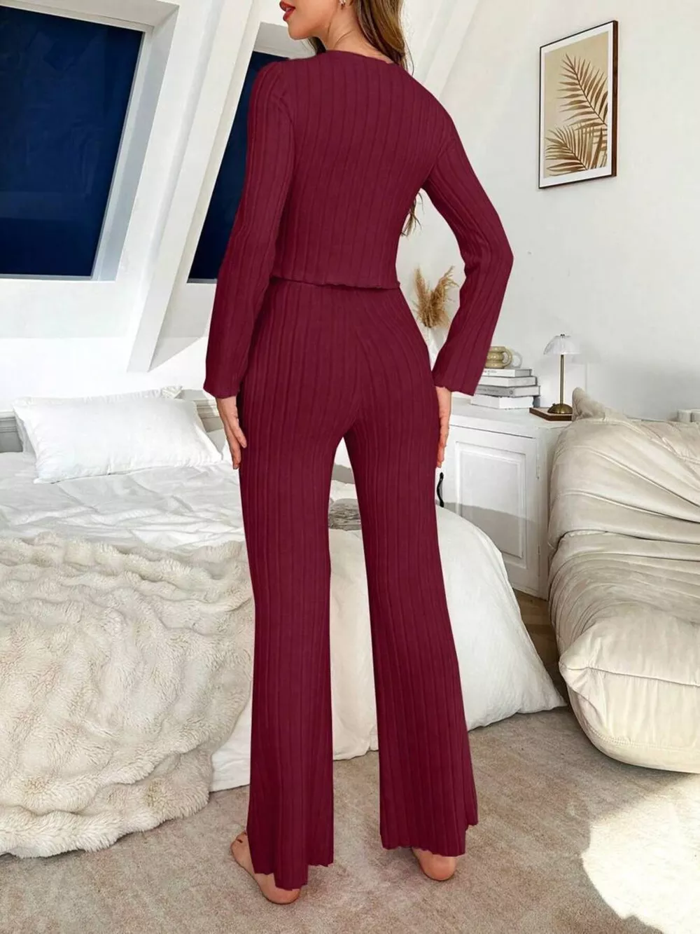 Bow Detail Ribbed Knit Top and Pants Lounge Set, image 9