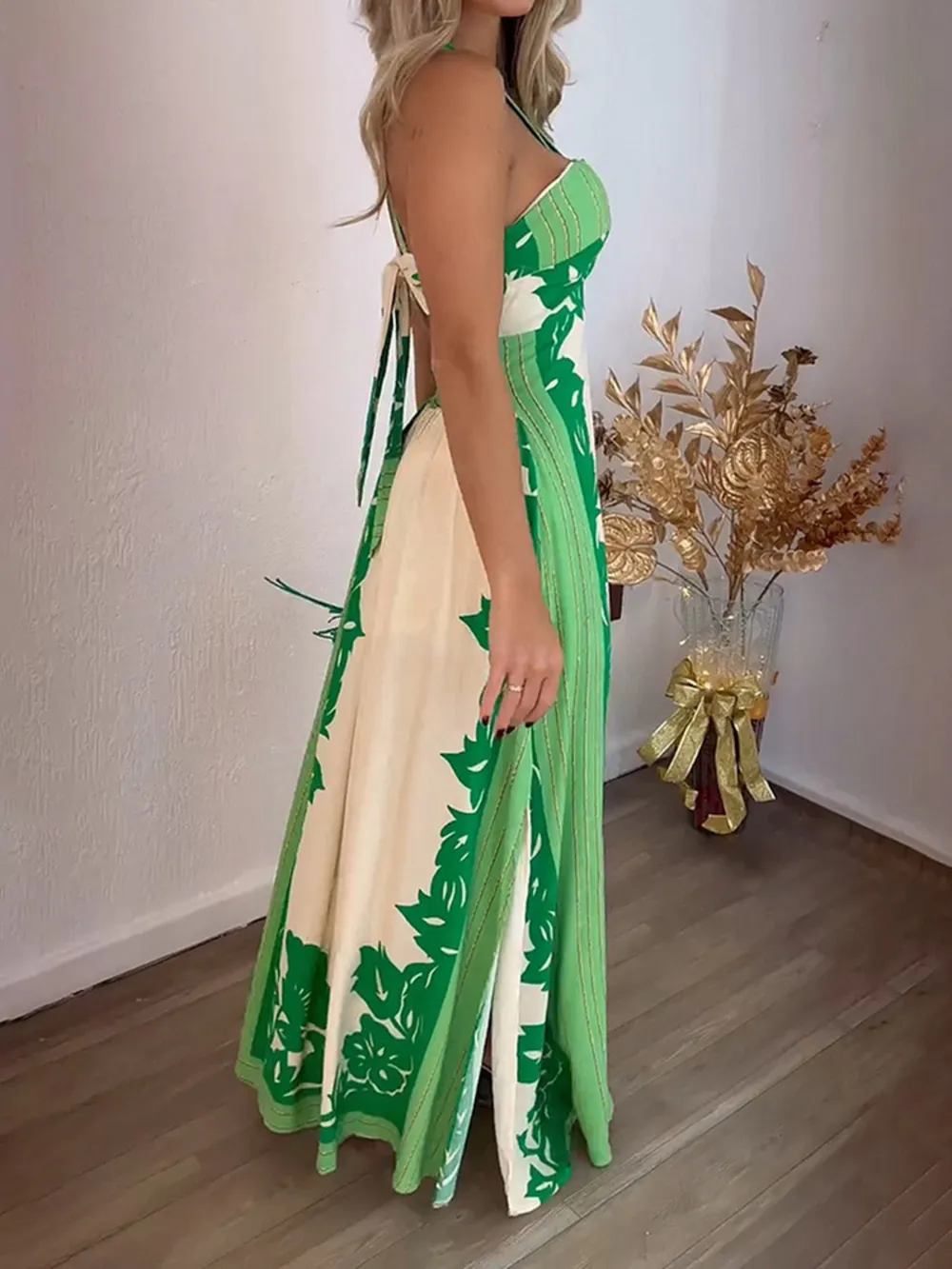 Halter Neck Leaf Print Maxi Dress, image 3