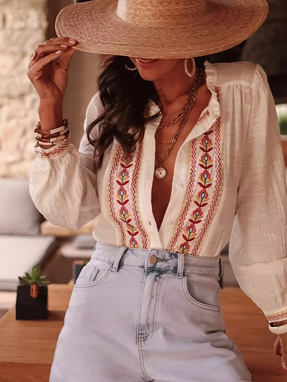 Embroidered Button Up Long Sleeve Shirt, image 3