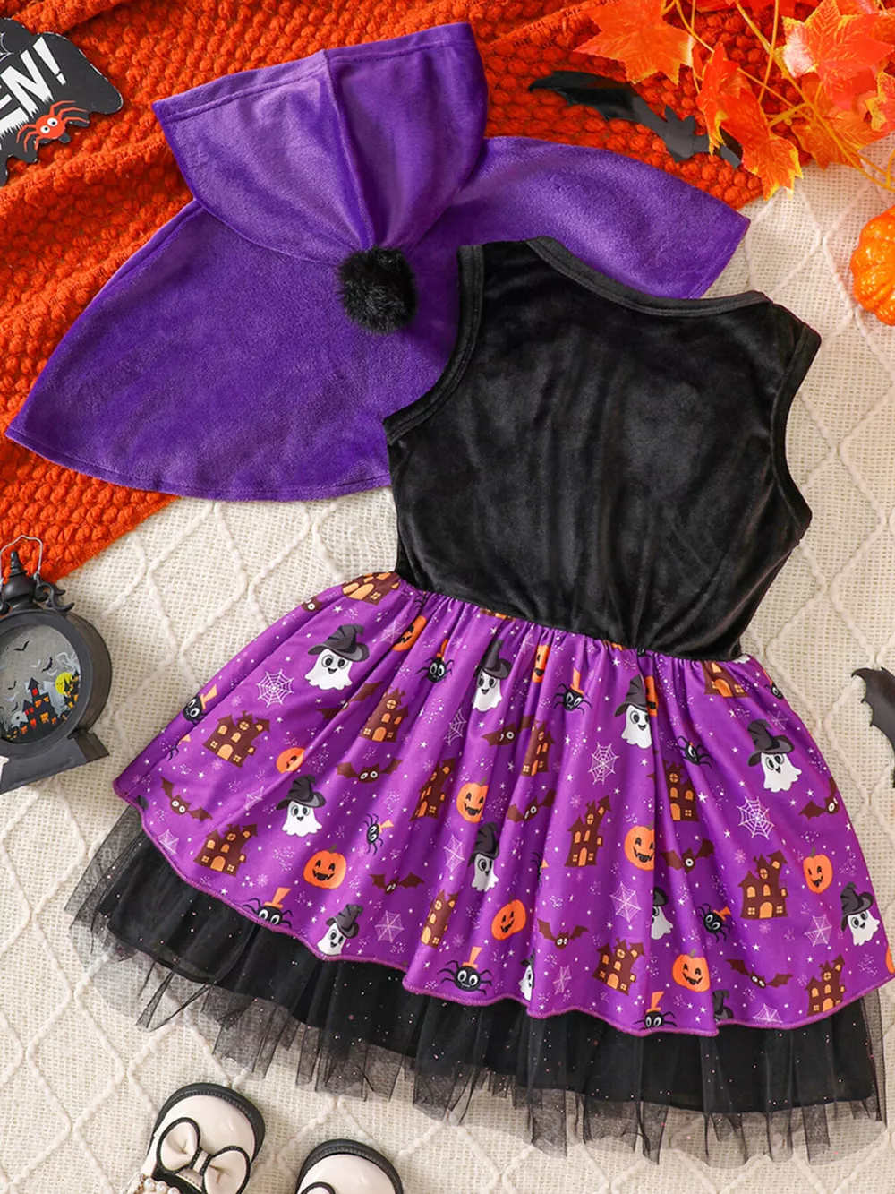 Children's Halloween Hooded Cape and Printed Dress Witch Costume Set, image 5
