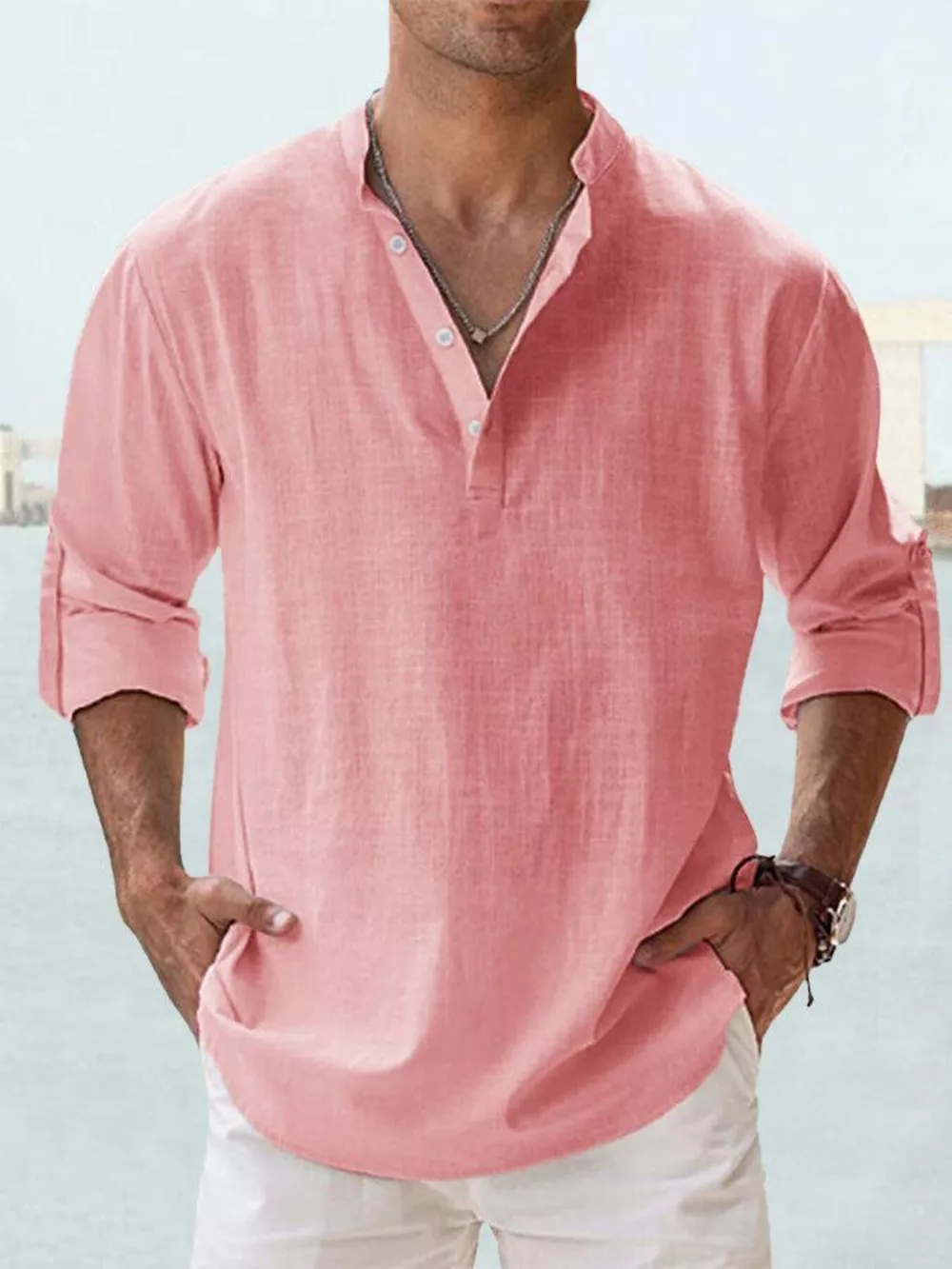 Men's Full Size Casual Button Detail Roll-Up Sleeve Blouse Plus Size, image 5