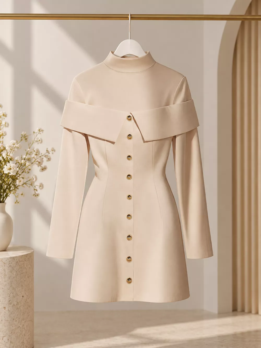 Mock Neck Button Front Mini Dress