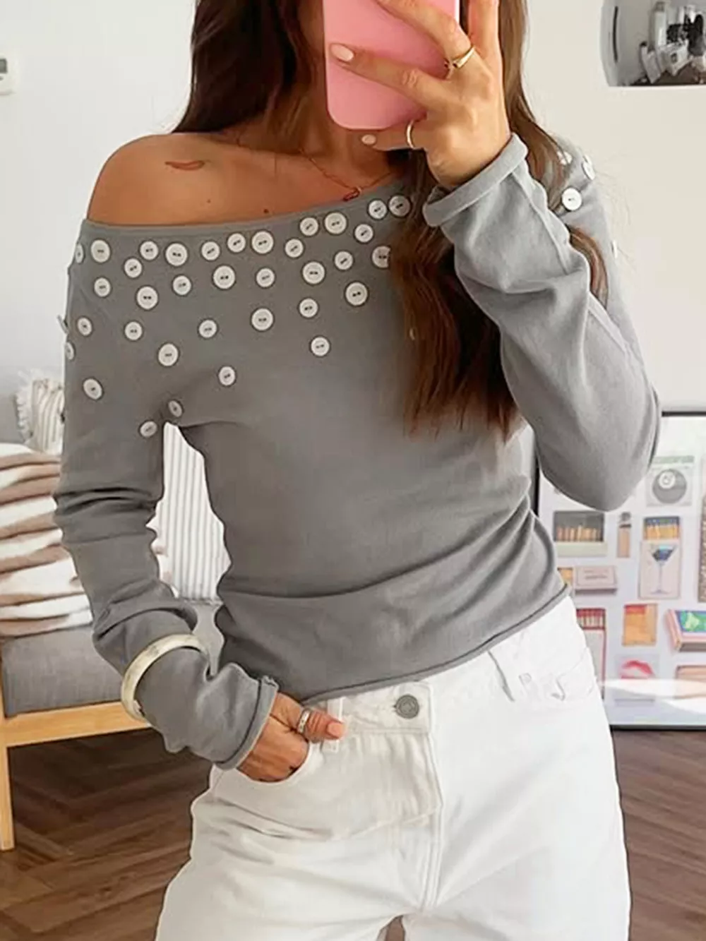 Decorative Button One Shoulder Top, image 2