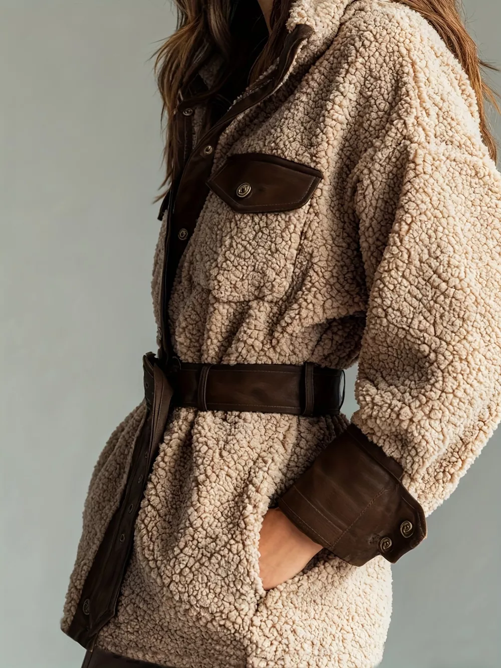 Leather Trim Sherpa Outerwear with Pockets, image 3
