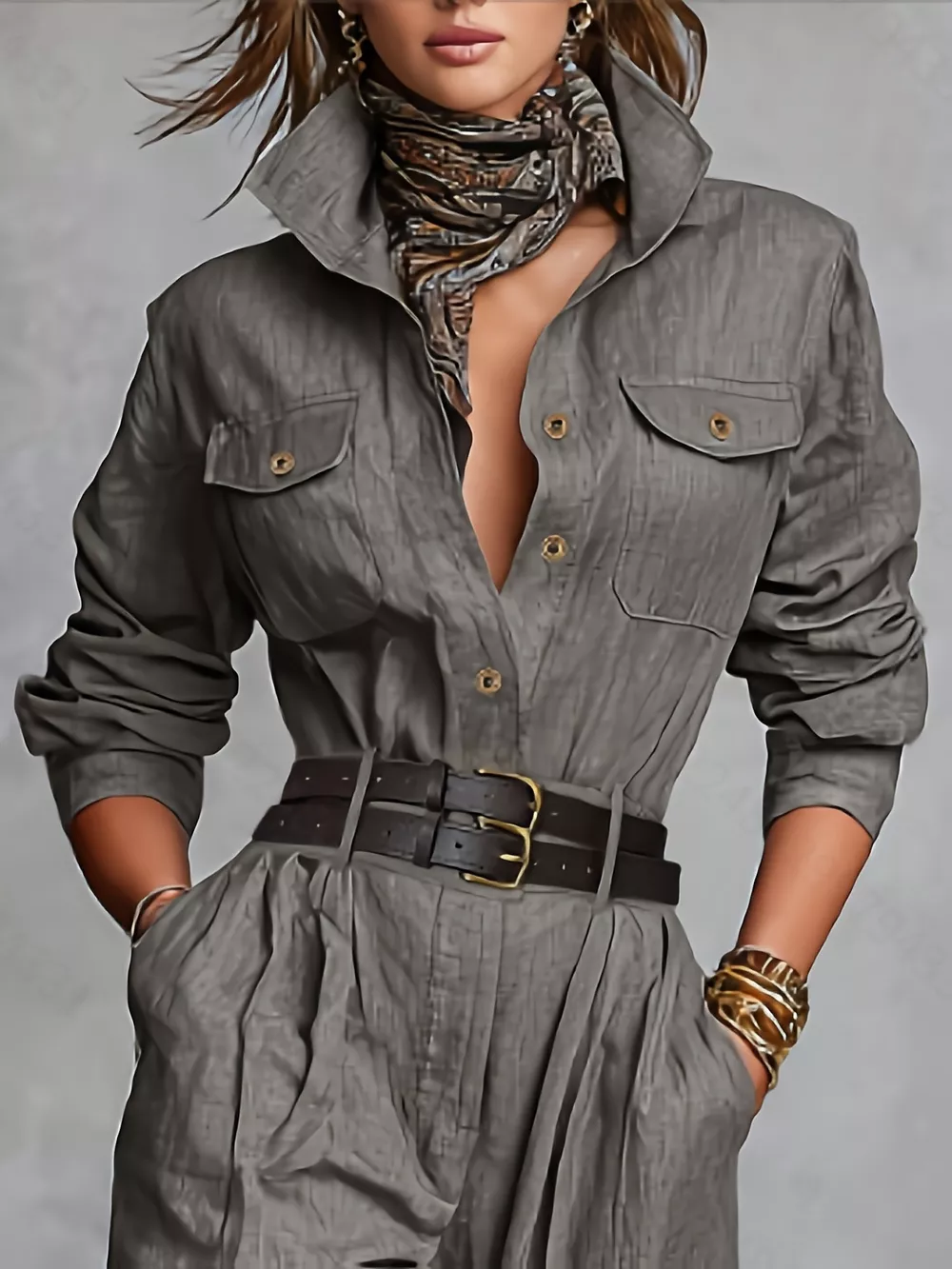 Button Front Long-Sleeve Jumpsuit, image 2
