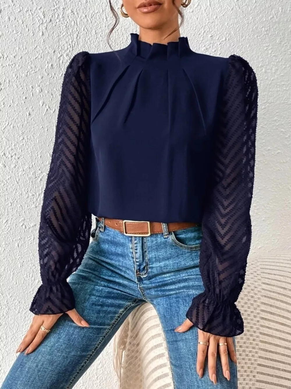 Mock Neck Sheer Lace Sleeve Blouse, image 9