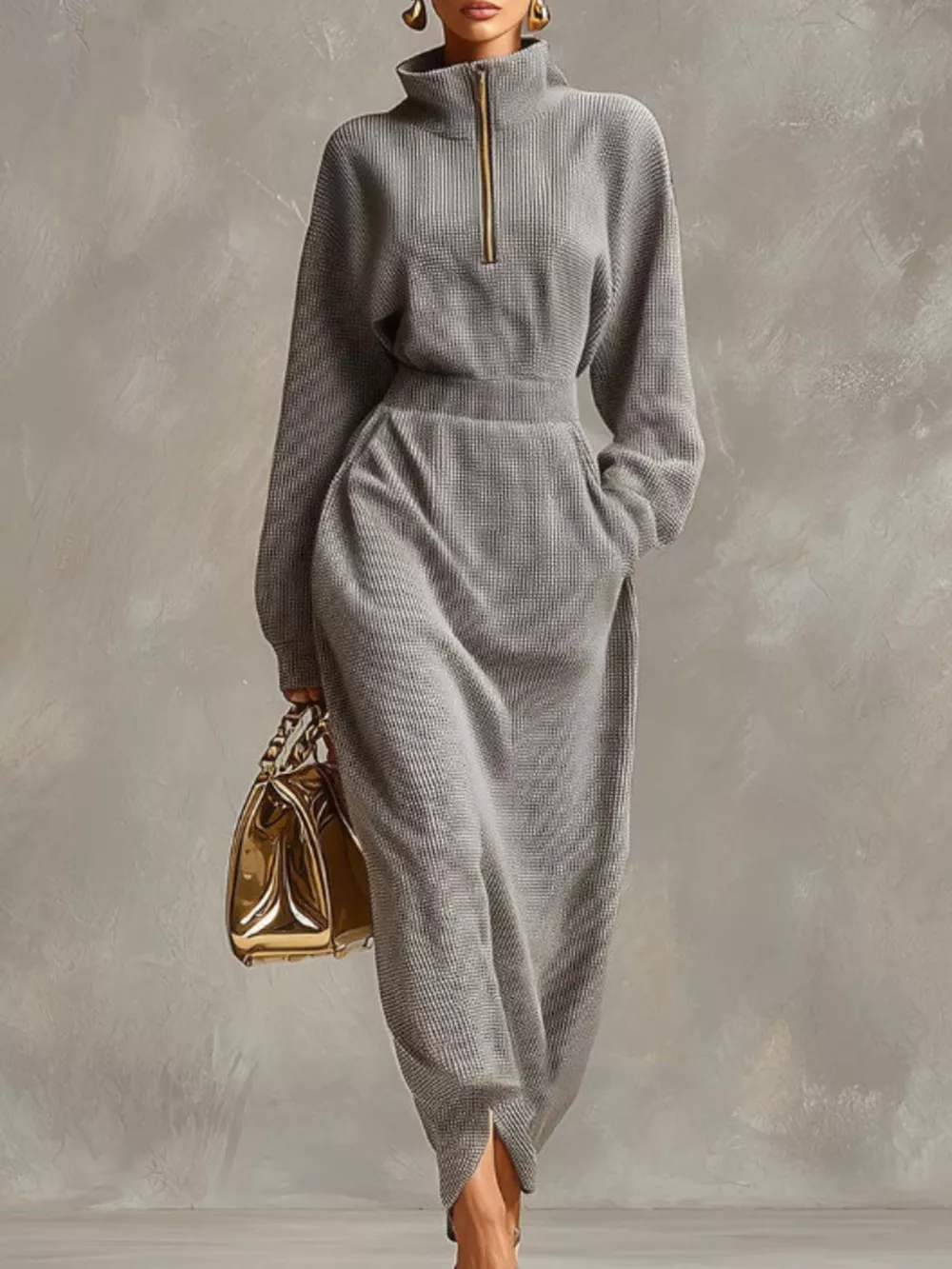 Waffle Knit Quarter-Zip Midi Dress