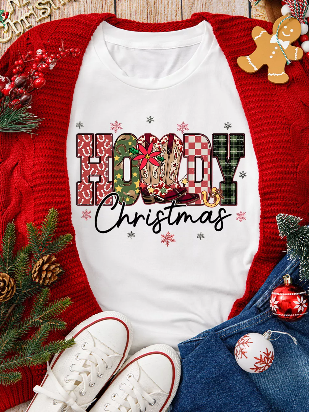 HOWDY Christmas Festive Letter Printed Crew Neck T Shirt, image 3