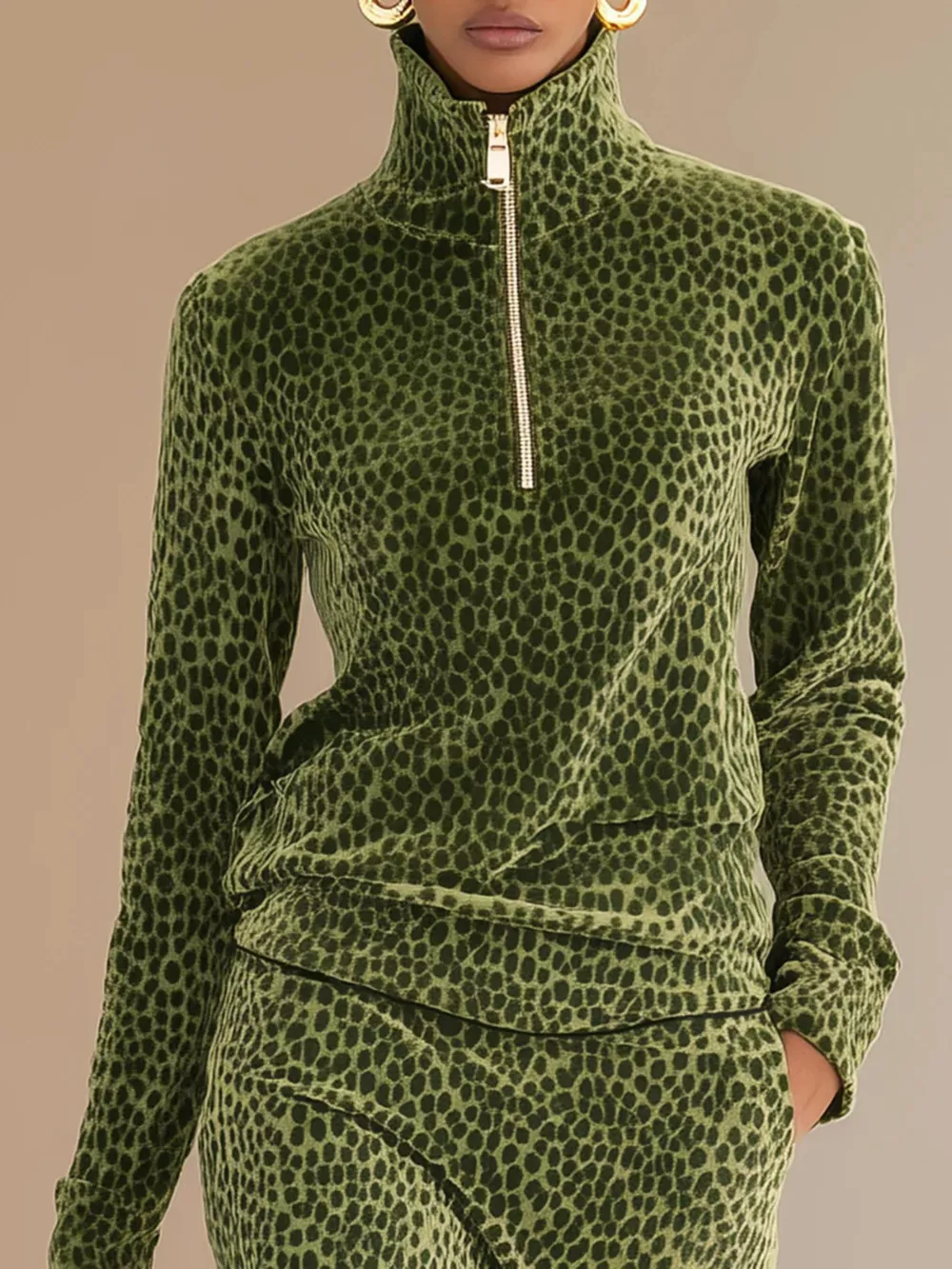 Leopard Print Velour Quarter-Zip Top and Skirt Set, image 2