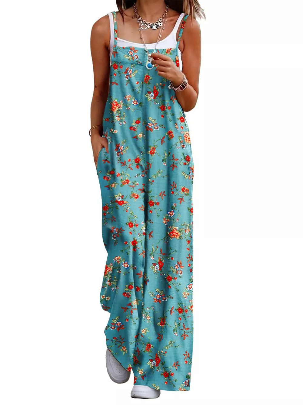 Full Size Floral Print Wide Leg Spaghetti Strap Overalls Plus Size, image 8