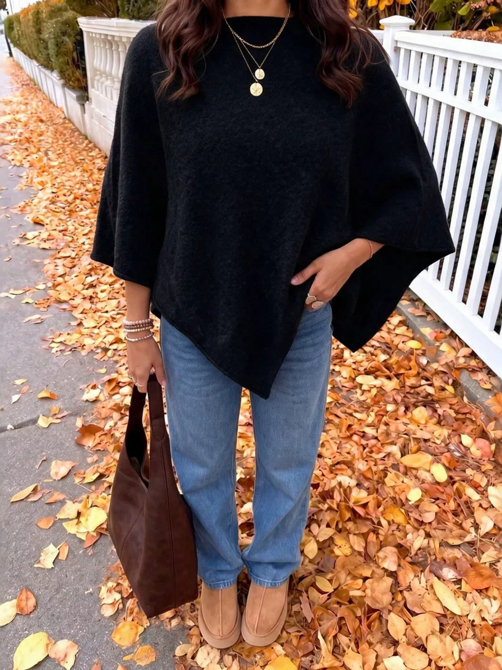 Brushed Loose Shawl Round-Neck Cape Sweater with Bat Sleeves, image 9