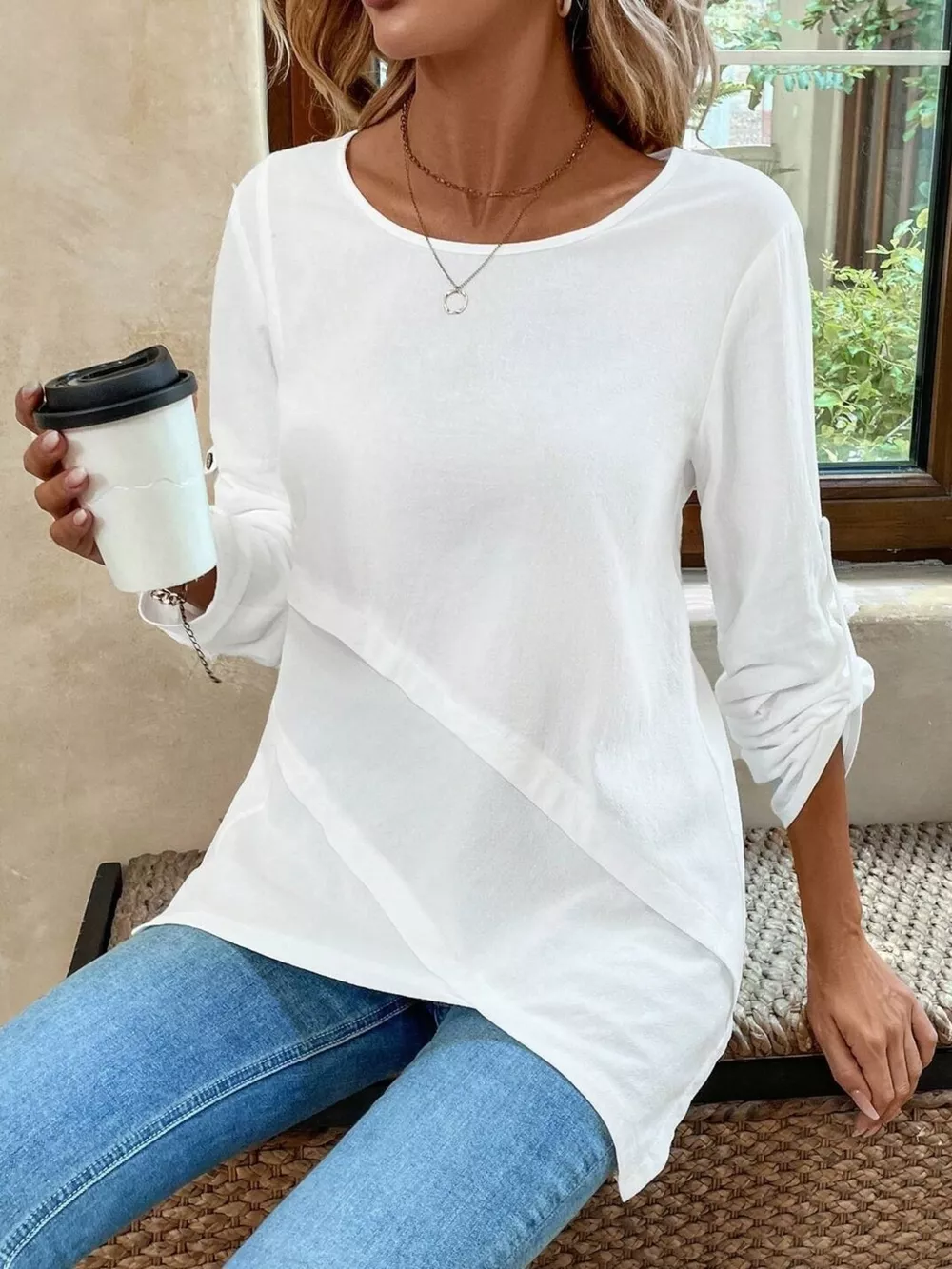 Asymmetrical Hem Solid Color Linen Blouse, image 4