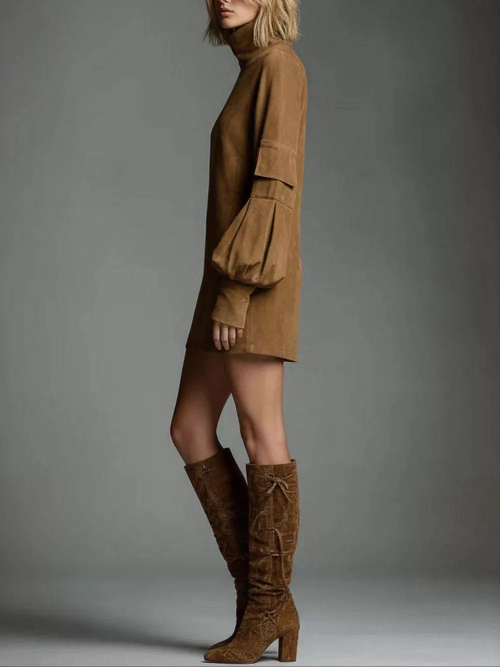 Turtleneck Lantern Sleeve Mini Dress with Pockets, image 5