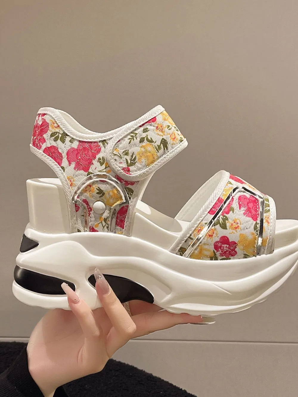 Floral Platform Wedge Sandals with Velcro, image 5
