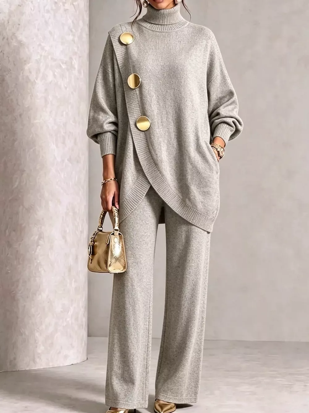 Full Size Elegant Turtleneck Asymmetric Button-Decorated Sweater and Pants Set Plus Size, image 3