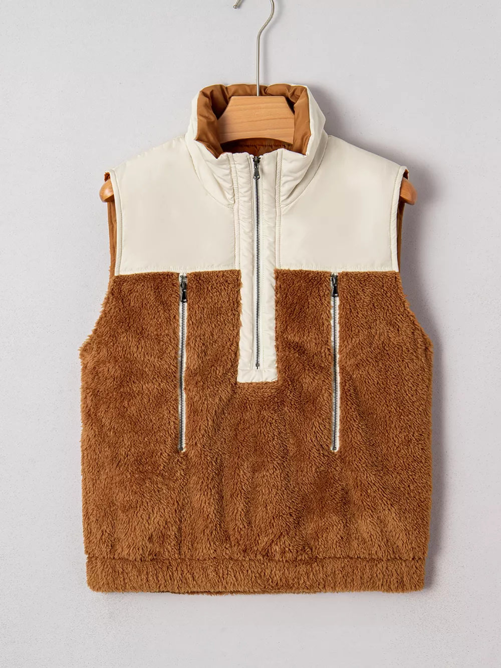 Color Block Plush Patchwork Zipper Stand Neck Vest Coat, image 3