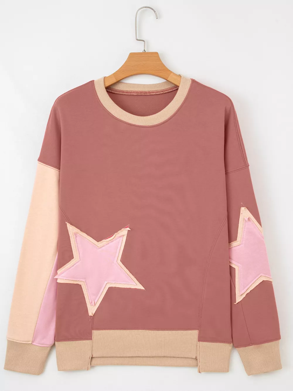 Contrast Star Patchwork Exposed Seam Uneven Hem Drop Shoulder Sweatshirt, image 4
