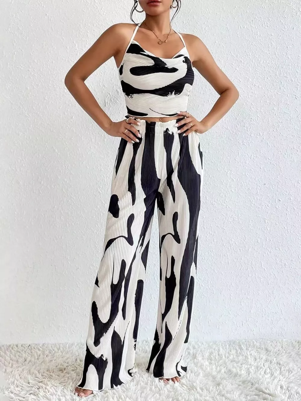 Abstract Print Halter Neck Crop Top and Wide Leg Pants Set