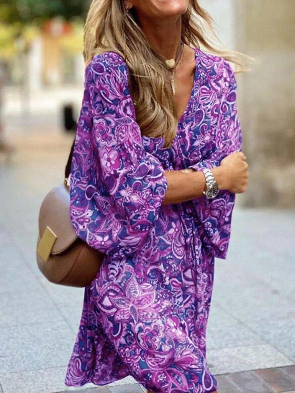 Full Size Paisley Print Long Sleeve Mini Dress Plus Size, image 12