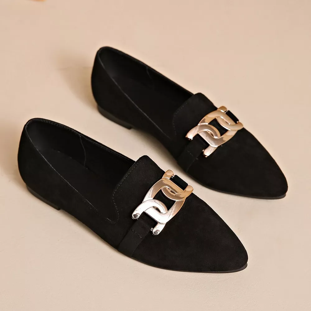 Pointed-Toe Suede Loafers with Metallic Chain Detail, image 8