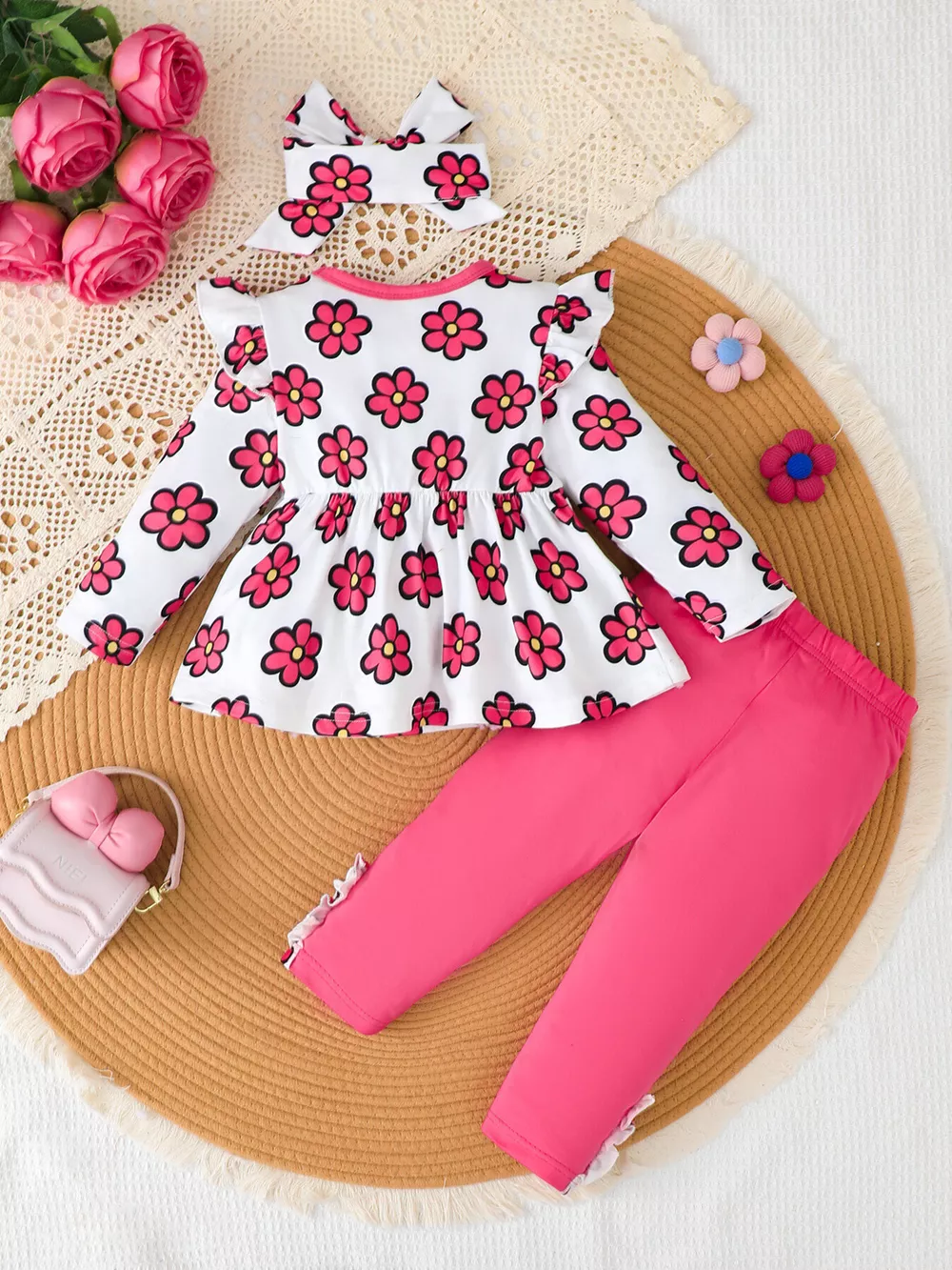 Children's Floral Ruffle Peplum Top and Leggings Set with Headband, image 5