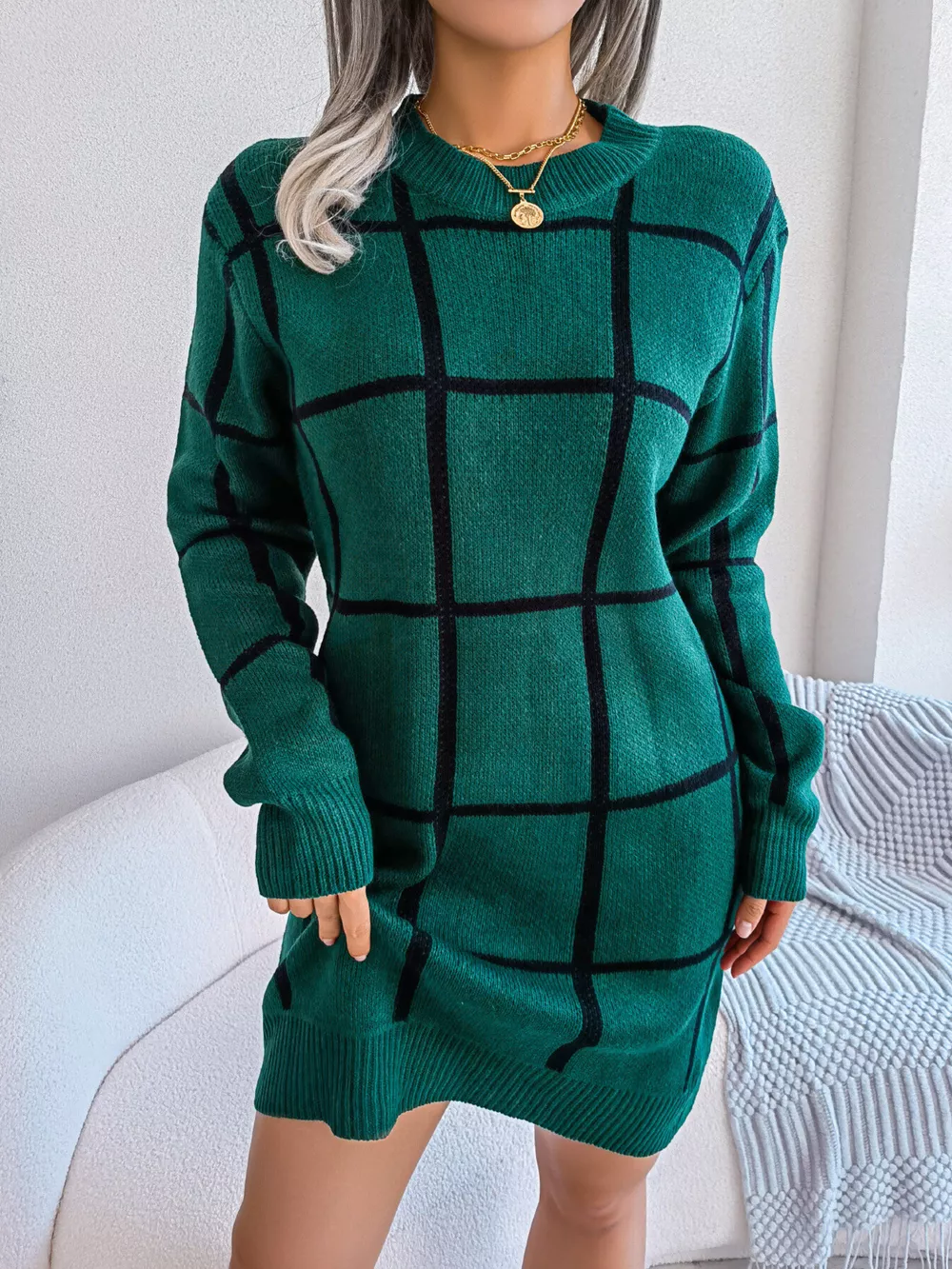Plaid Pattern Long Sleeve Sweater Dress, image 4