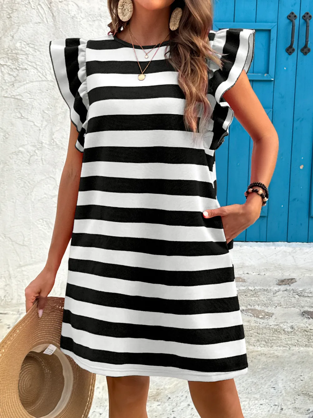 Striped Ruffle Sleeve Casual Summer Dress, image 2