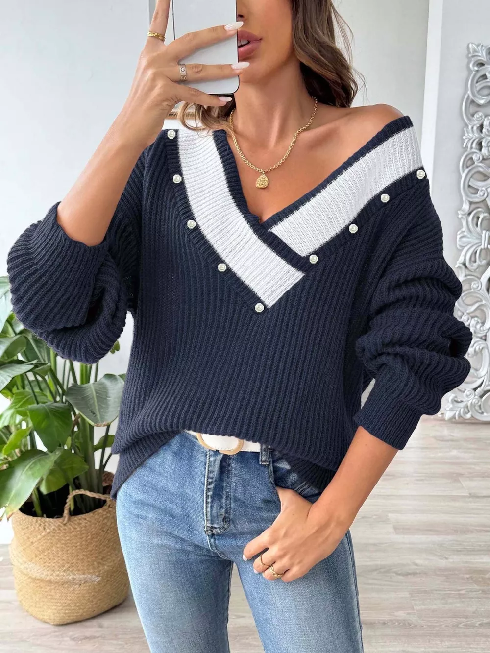 V-Neck Button-Decorated Sweater, image 13